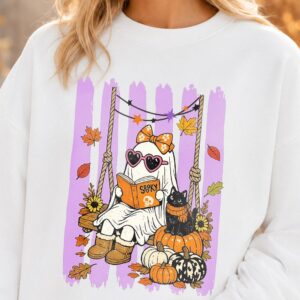 Spooky Cute Reading Ghost & Black Cat Halloween Sweatshirt
