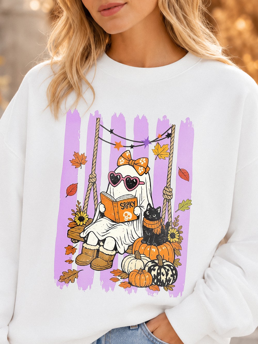 Spooky Cute Reading Ghost & Black Cat Halloween Sweatshirt
