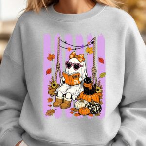 Spooky Cute Reading Ghost & Black Cat Halloween Sweatshirt