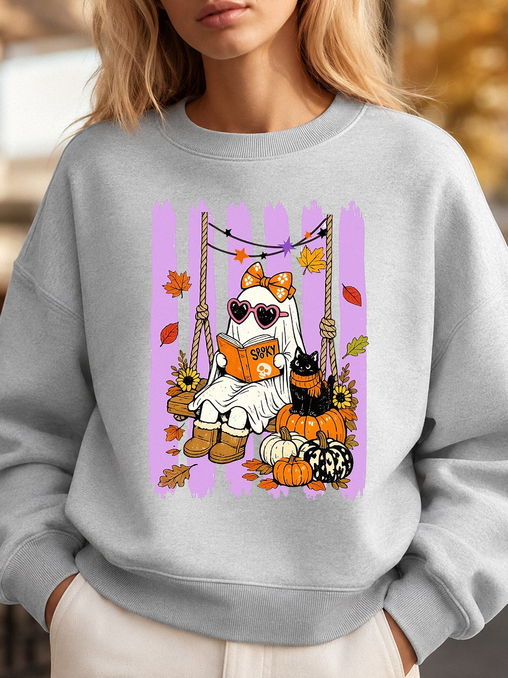Spooky Cute Reading Ghost & Black Cat Halloween Sweatshirt