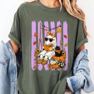 Spooky Cute Reading Ghost & Black Cat Halloween Sweatshirt