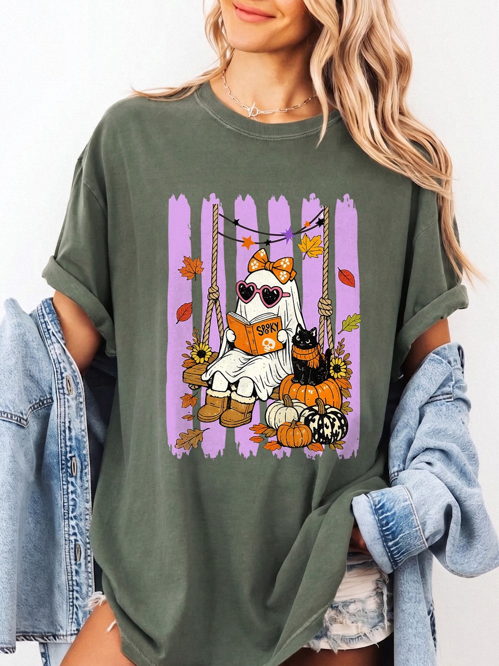 Spooky Cute Reading Ghost & Black Cat Halloween Sweatshirt