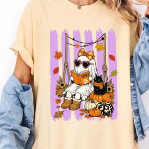 Spooky Cute Reading Ghost & Black Cat Halloween Sweatshirt