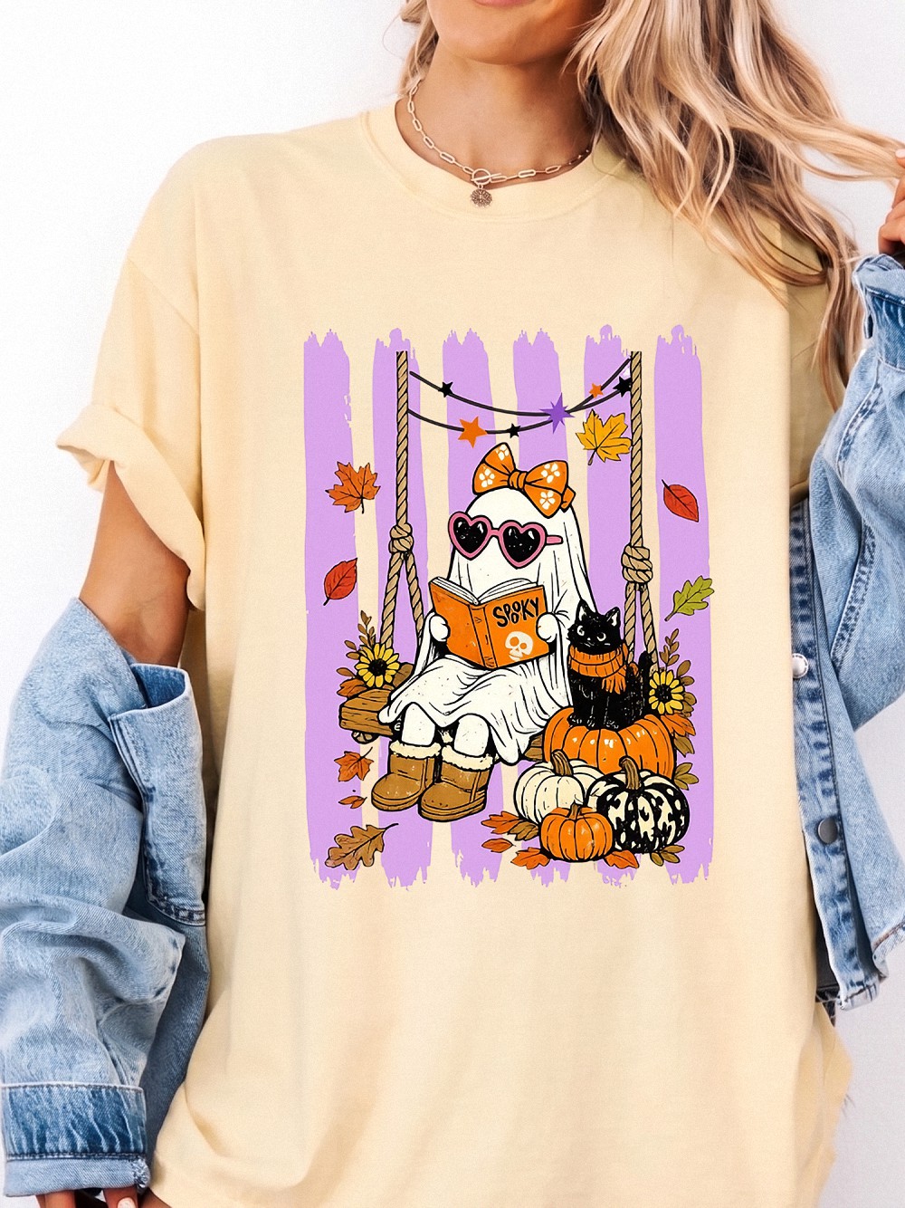 Spooky Cute Reading Ghost & Black Cat Halloween Sweatshirt
