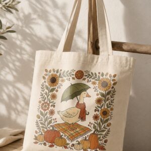 Cozy Autumn Duck Canvas Tote Bag | Cottagecore Fall Pumpkin Shopper