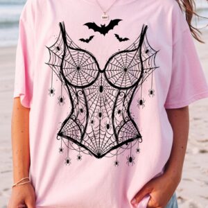 Pink Spiderweb Corset Halloween Shirt | Pastel Goth Bat Graphic Tee