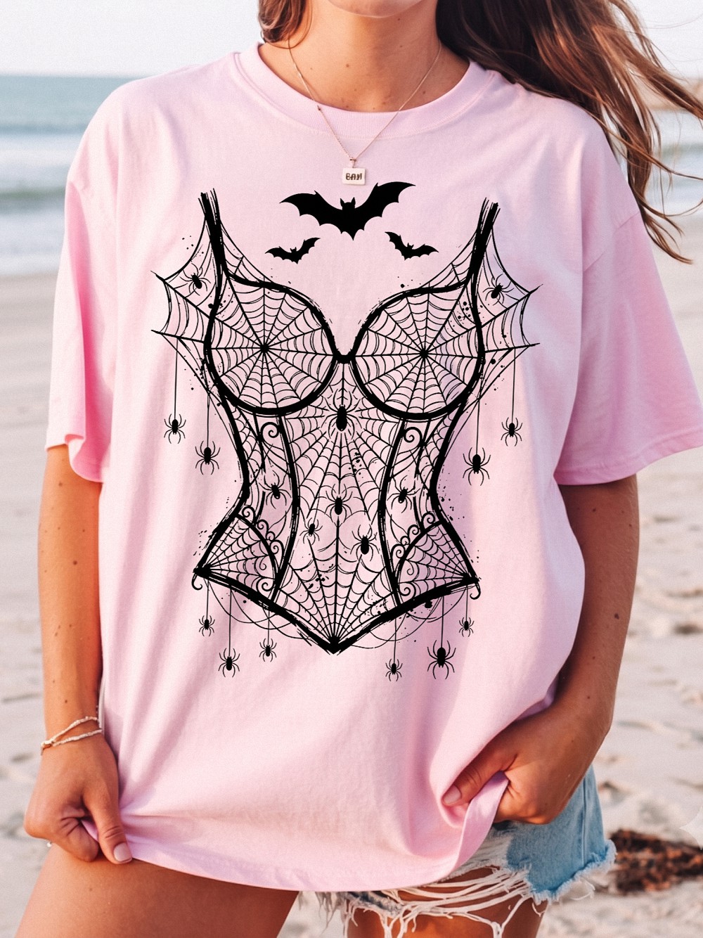 Pink Spiderweb Corset Halloween Shirt | Pastel Goth Bat Graphic Tee