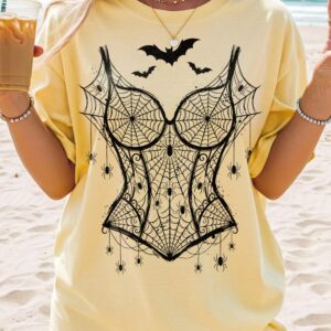 Pink Spiderweb Corset Halloween Shirt | Pastel Goth Bat Graphic Tee