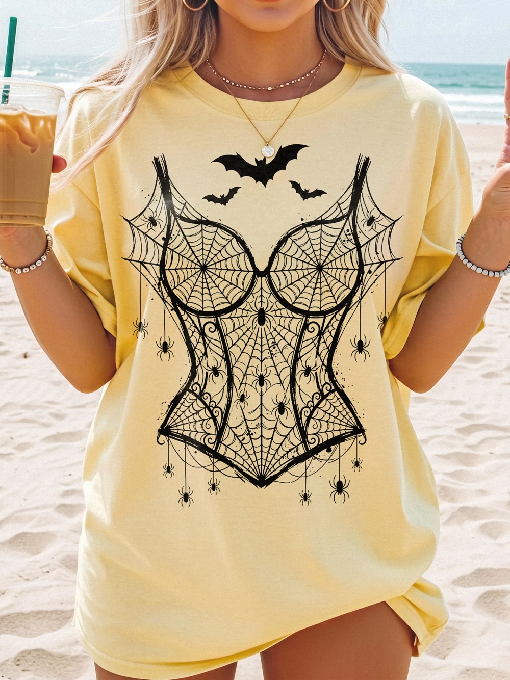 Pink Spiderweb Corset Halloween Shirt | Pastel Goth Bat Graphic Tee