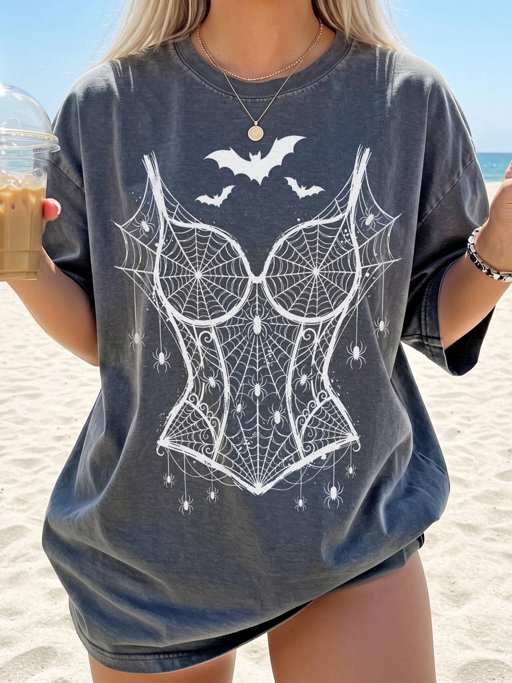 Pink Spiderweb Corset Halloween Shirt | Pastel Goth Bat Graphic Tee