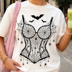 Pink Spiderweb Corset Halloween Shirt | Pastel Goth Bat Graphic Tee