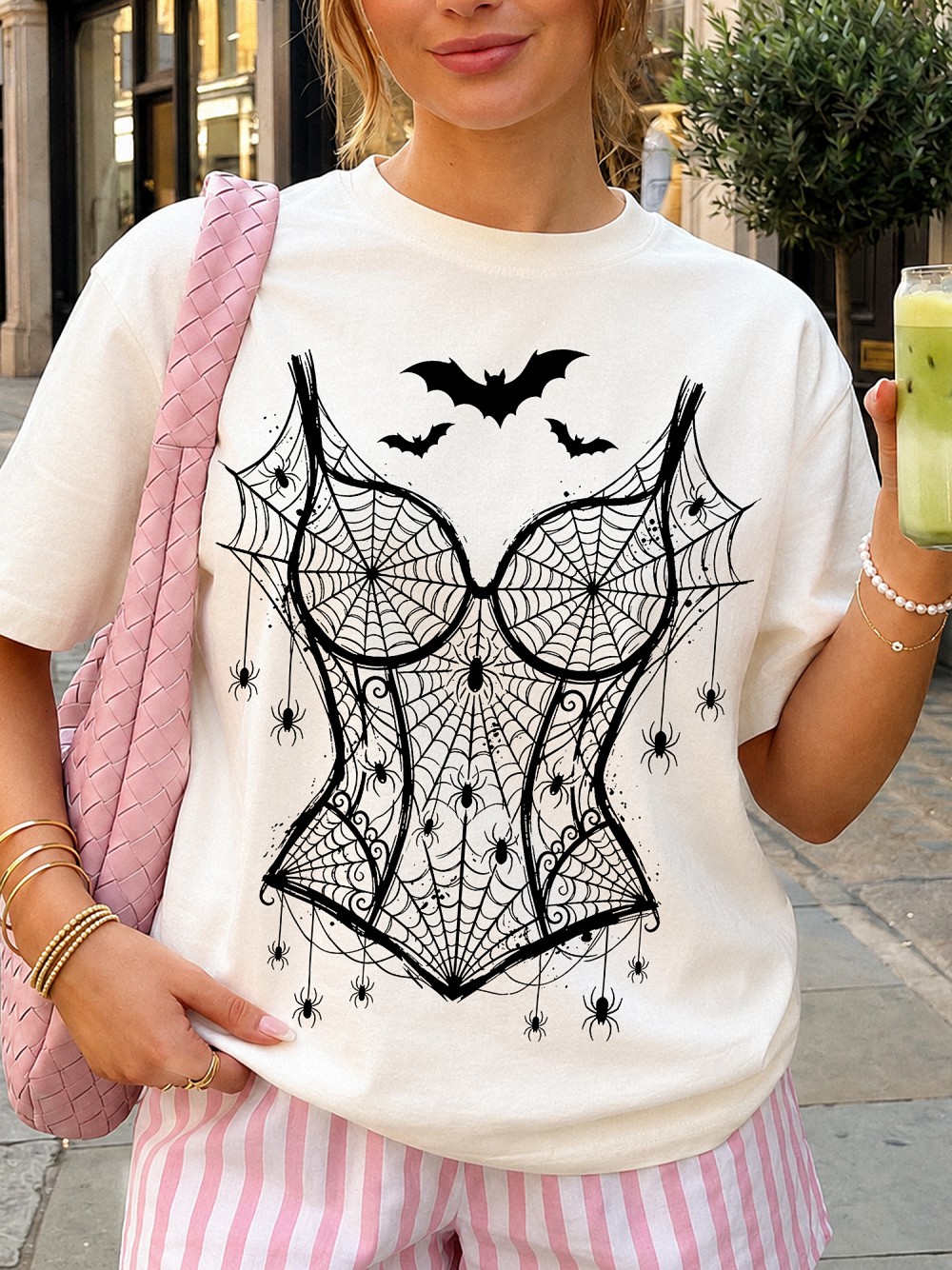 Pink Spiderweb Corset Halloween Shirt | Pastel Goth Bat Graphic Tee