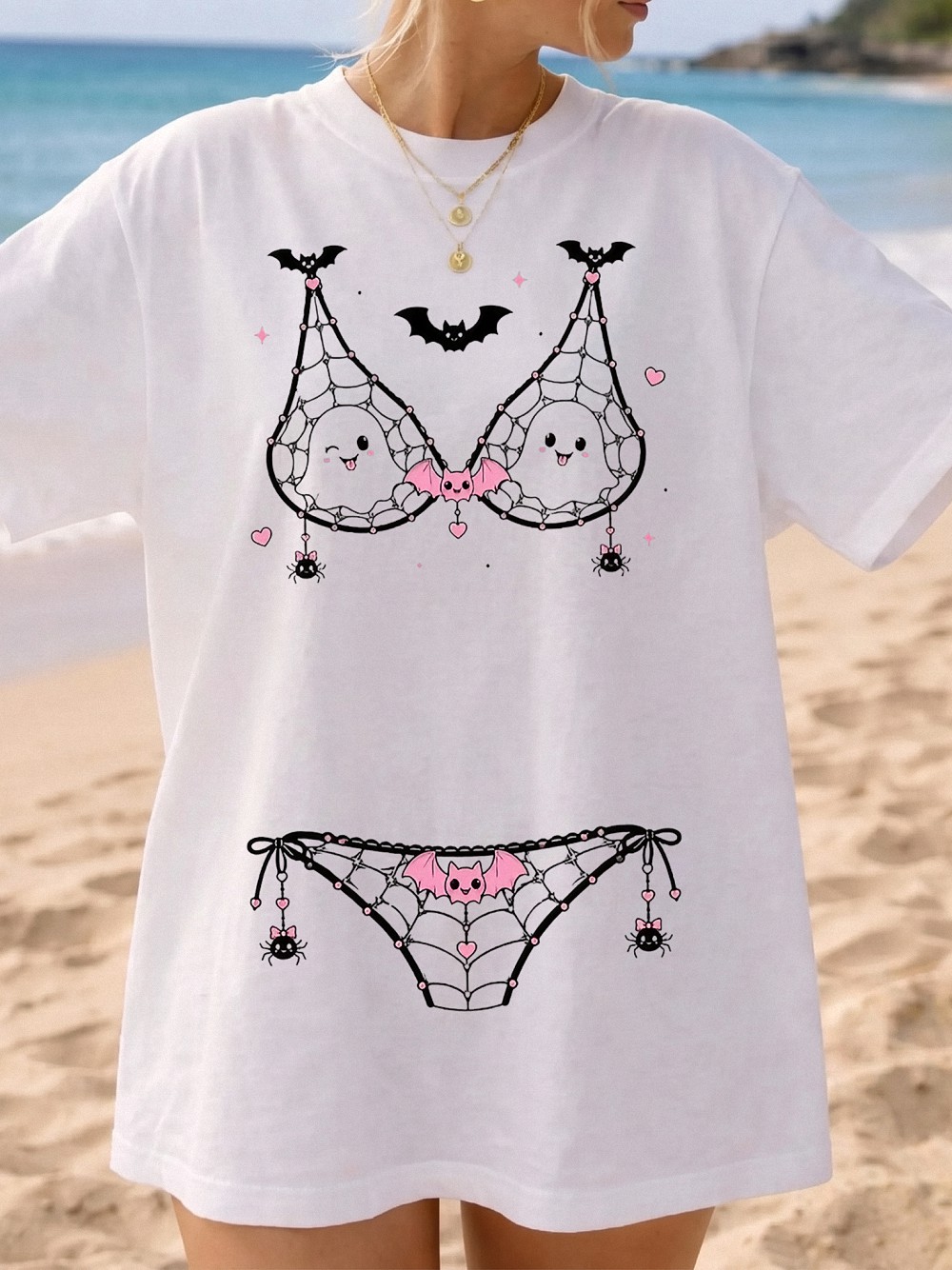 Kawaii Ghost Spiderweb Bikini Illusion Halloween Tee