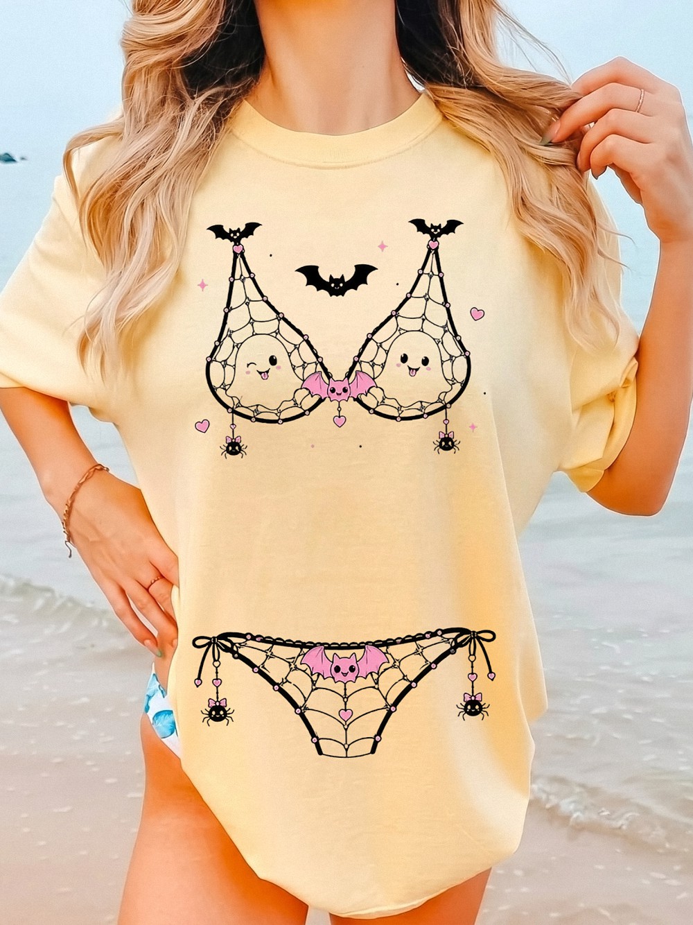 Kawaii Ghost Spiderweb Bikini Illusion Halloween Tee