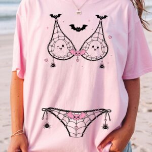 Kawaii Ghost Spiderweb Bikini Illusion Halloween Tee