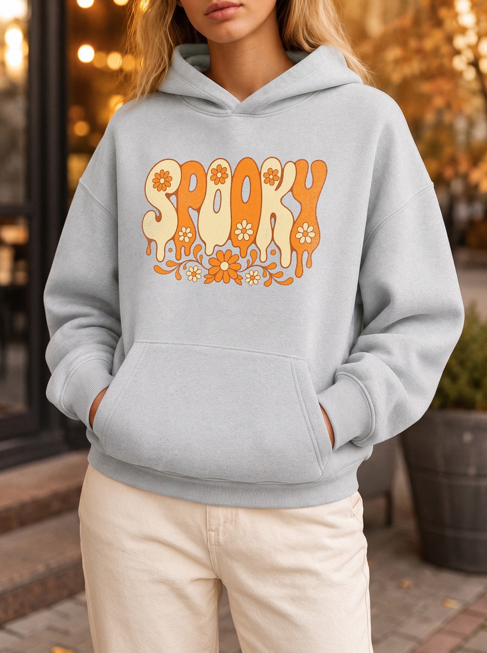 Retro Spooky Hoodie - Groovy Floral Halloween Sweatshirt for Women