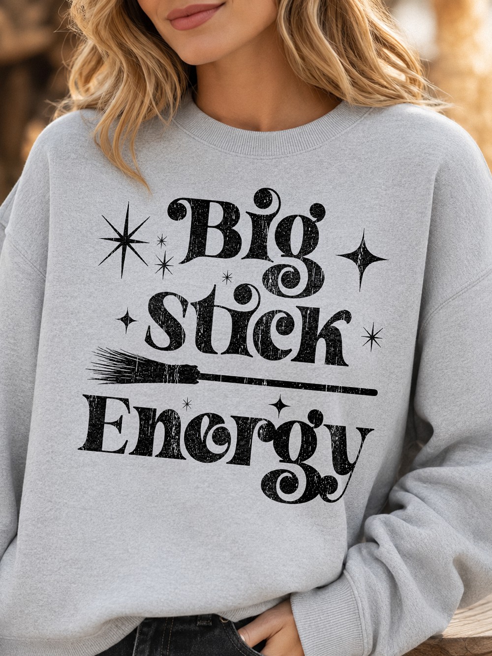 Retro Big Stick Energy Sweatshirt Funny Witch Halloween Crewneck