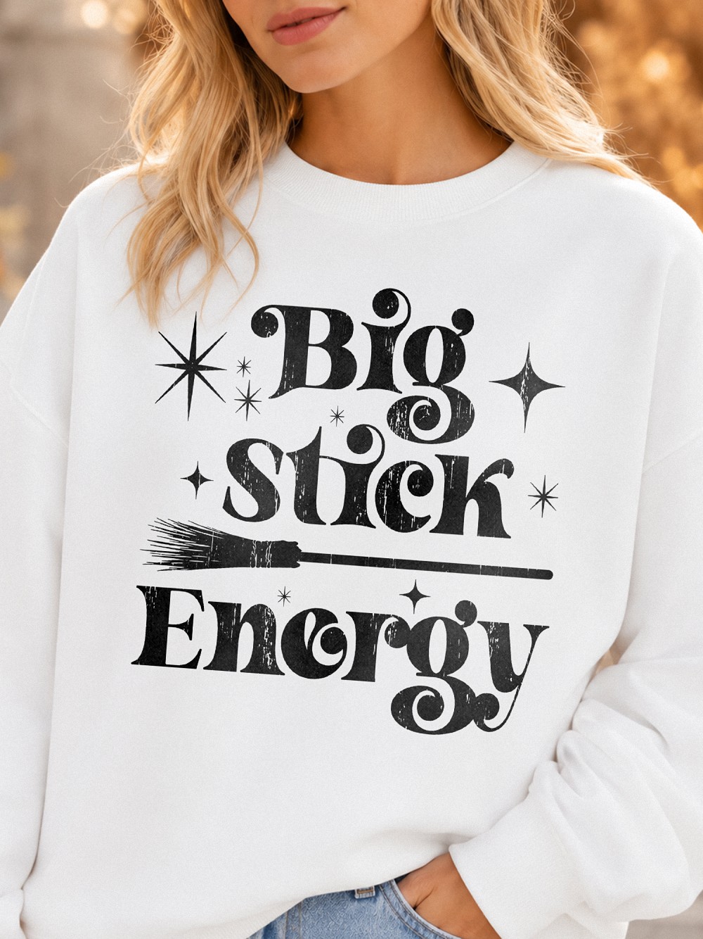 Retro Big Stick Energy Sweatshirt Funny Witch Halloween Crewneck