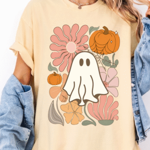Cute Retro Ghost & Floral Pumpkin Halloween T-Shirt