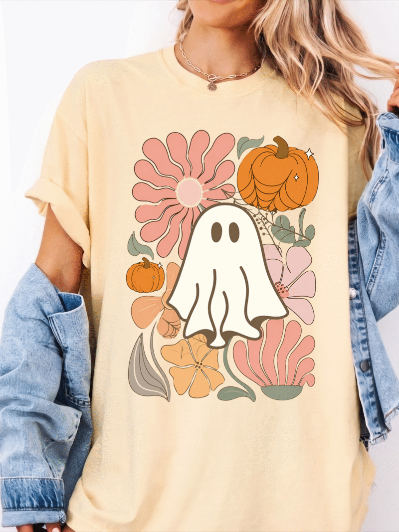 Cute Retro Ghost & Floral Pumpkin Halloween T-Shirt