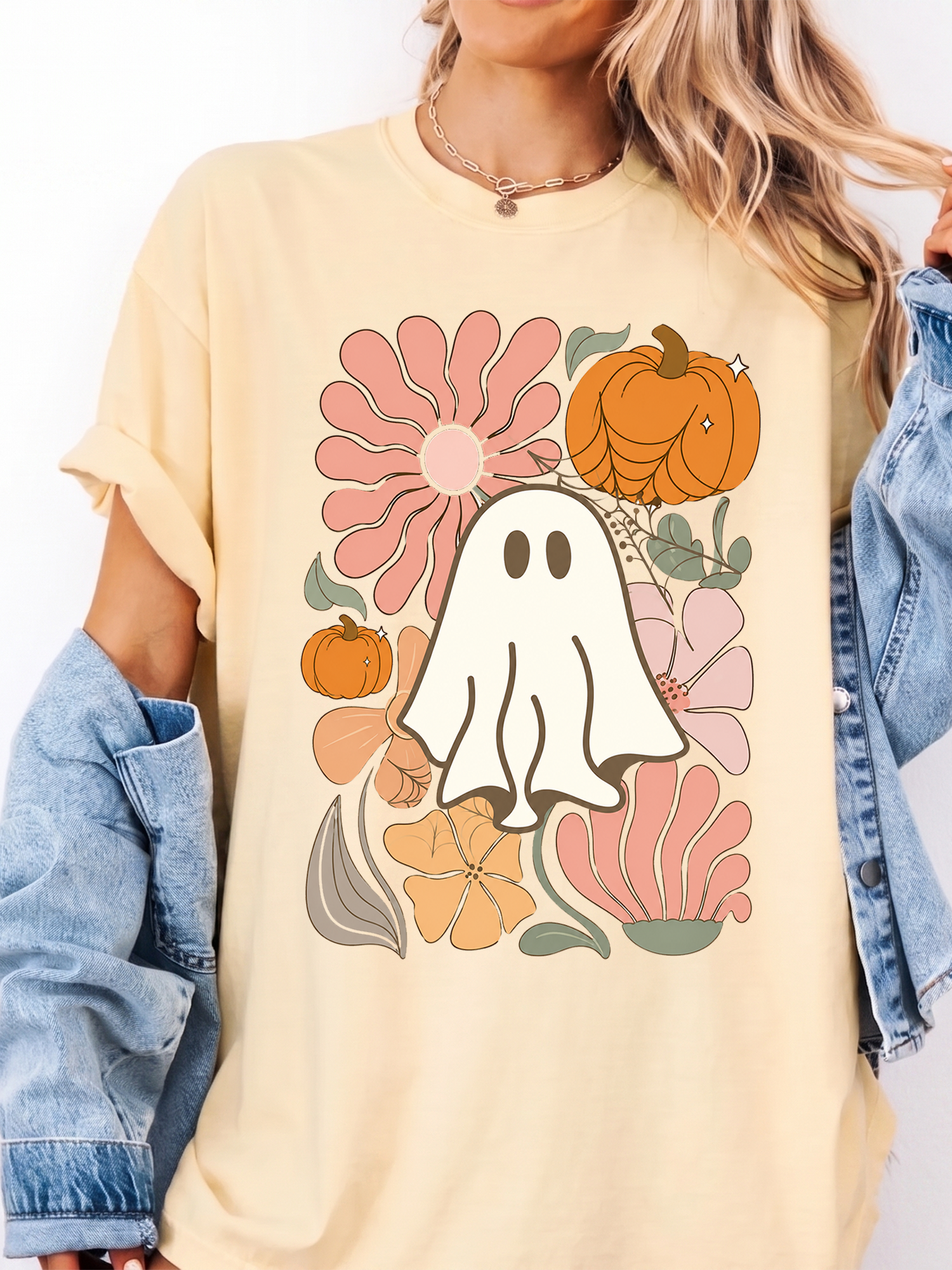 Cute Retro Ghost & Floral Pumpkin Halloween T-Shirt