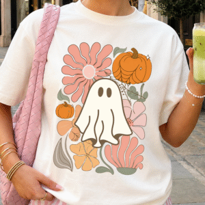 Cute Retro Ghost & Floral Pumpkin Halloween T-Shirt