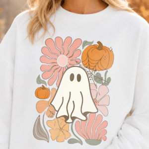Cute Retro Ghost & Floral Pumpkin Halloween T-Shirt
