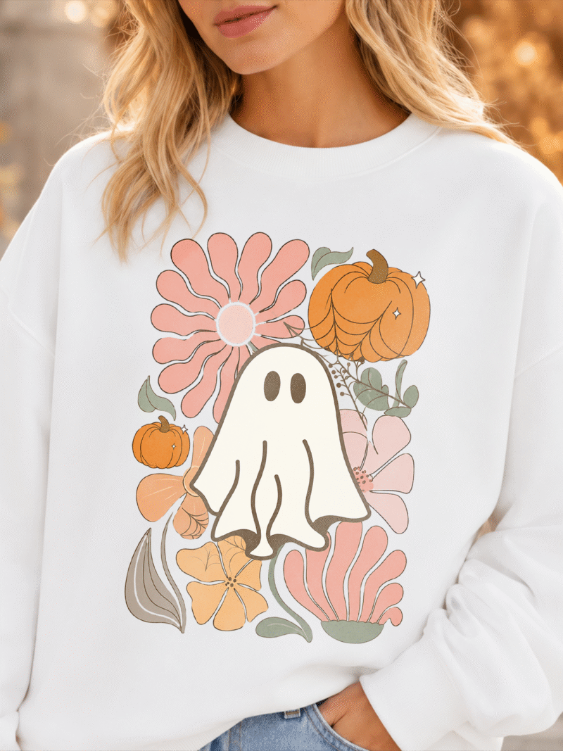Cute Retro Ghost & Floral Pumpkin Halloween T-Shirt