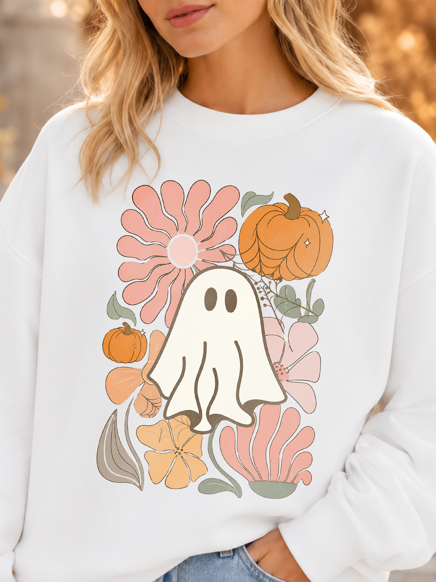 Cute Retro Ghost & Floral Pumpkin Halloween T-Shirt
