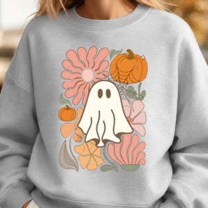 Cute Retro Ghost & Floral Pumpkin Halloween T-Shirt