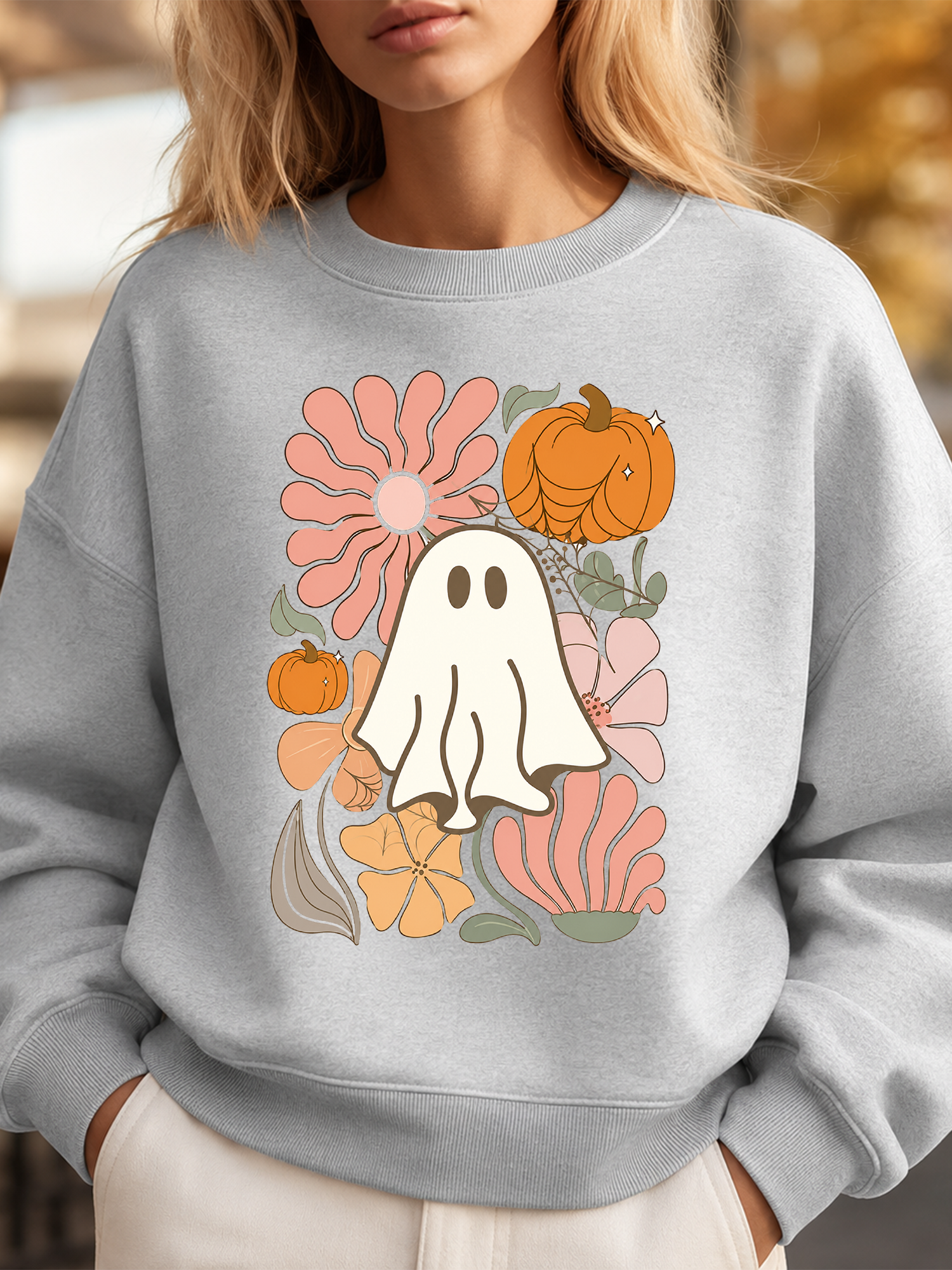 Cute Retro Ghost & Floral Pumpkin Halloween T-Shirt