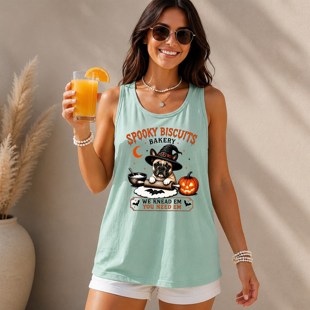 Spooky Biscuits Bakery Halloween Dog Tank Top | Funny Witch Frenchie