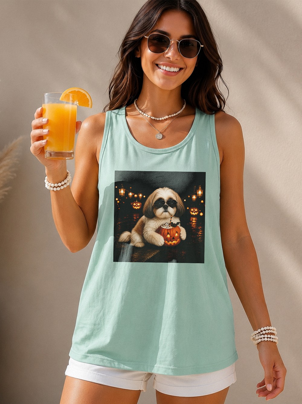 Cute Shih Tzu Halloween Pumpkin Women's Tank Top - Spooky Dog Top
