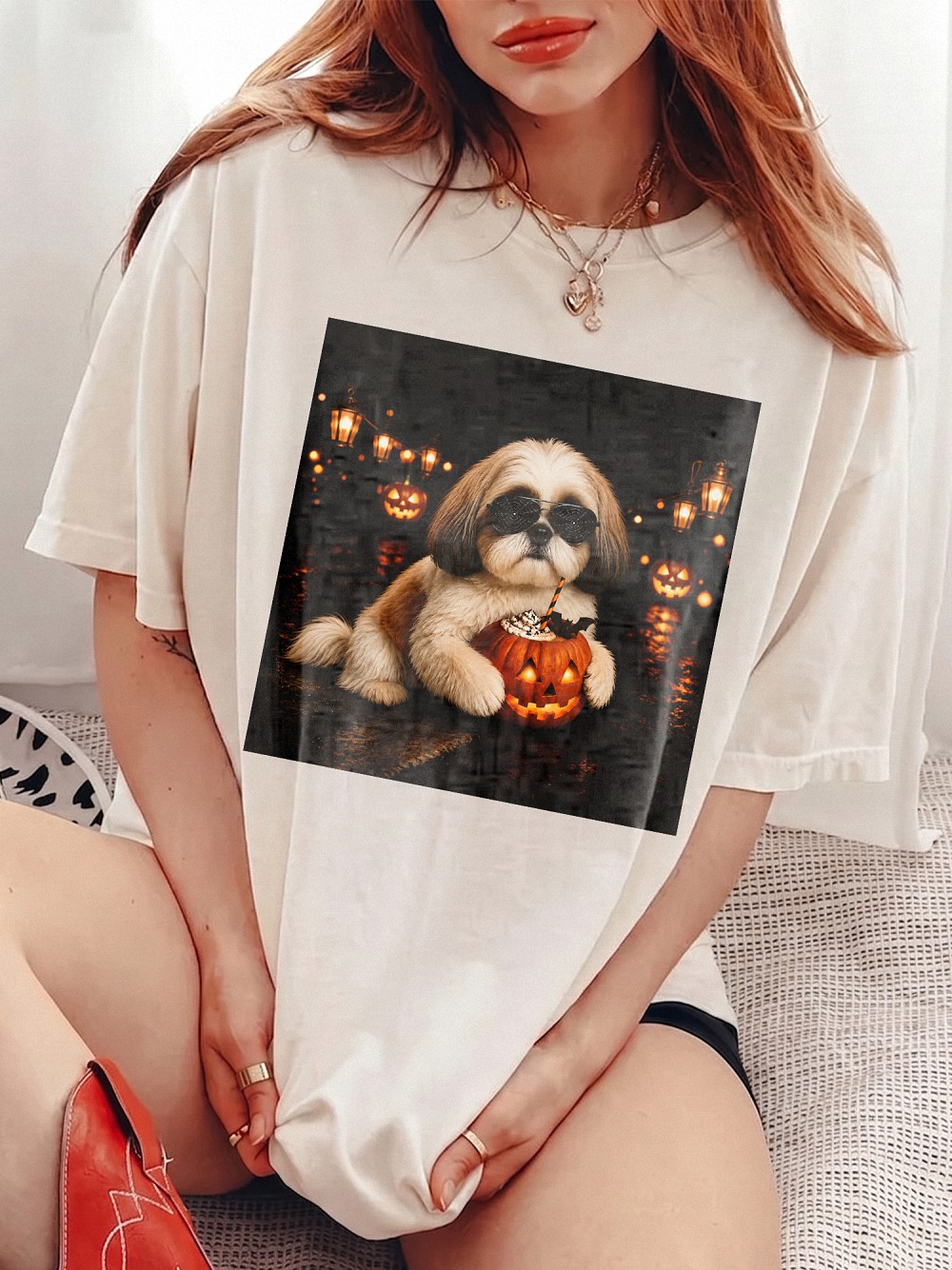 Cute Shih Tzu Halloween Pumpkin Women's Tank Top - Spooky Dog Top