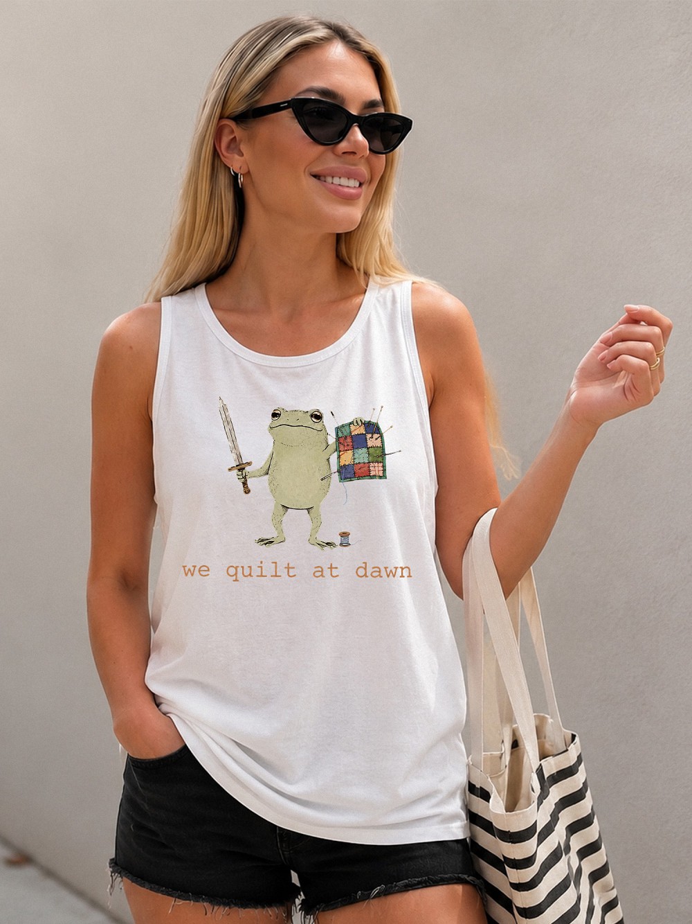 We Quilt at Dawn Tank Top - Funny Frog Warrior Quilting Shirt