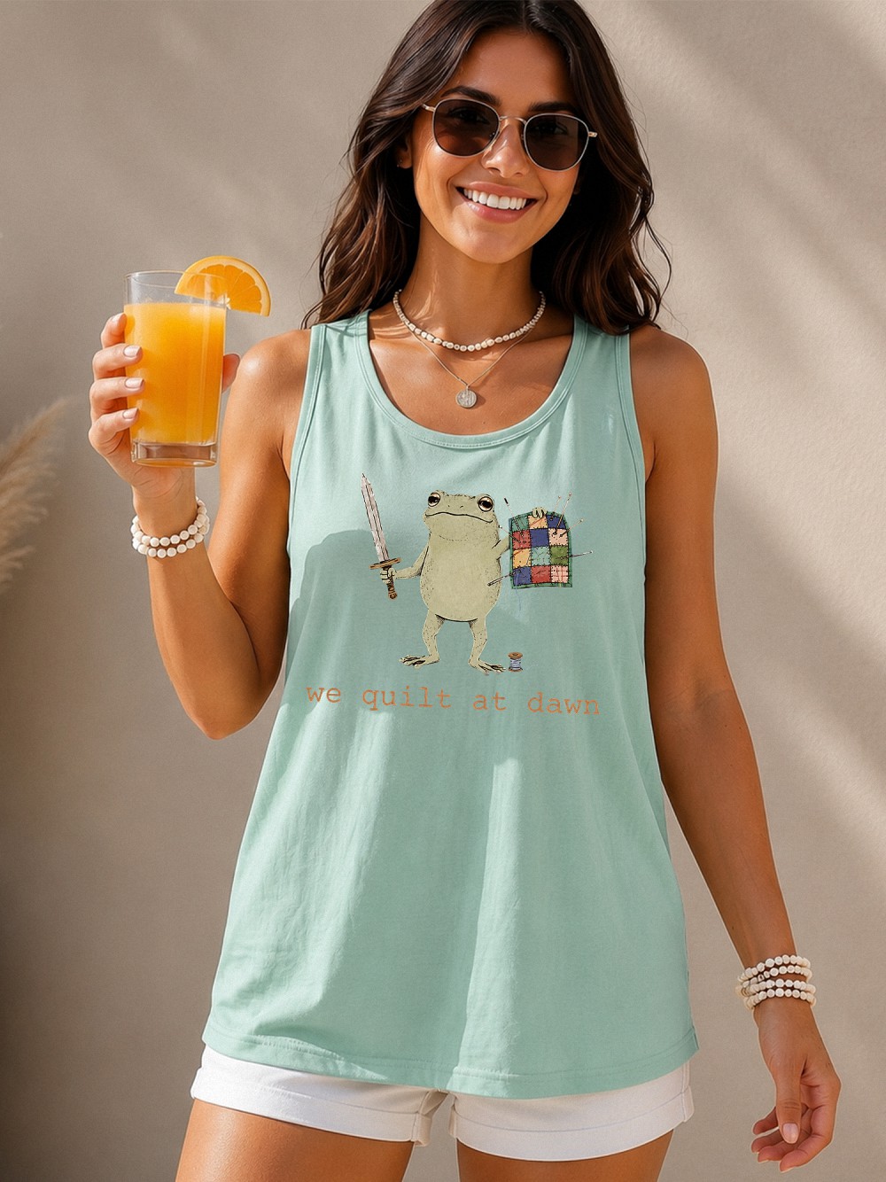 We Quilt at Dawn Tank Top - Funny Frog Warrior Quilting Shirt