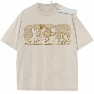 Retro Charmander, Squirtle, Pikachu, Bulbasaur Graphic T-Shirt Vintage Gaming Starter Squad Tee
