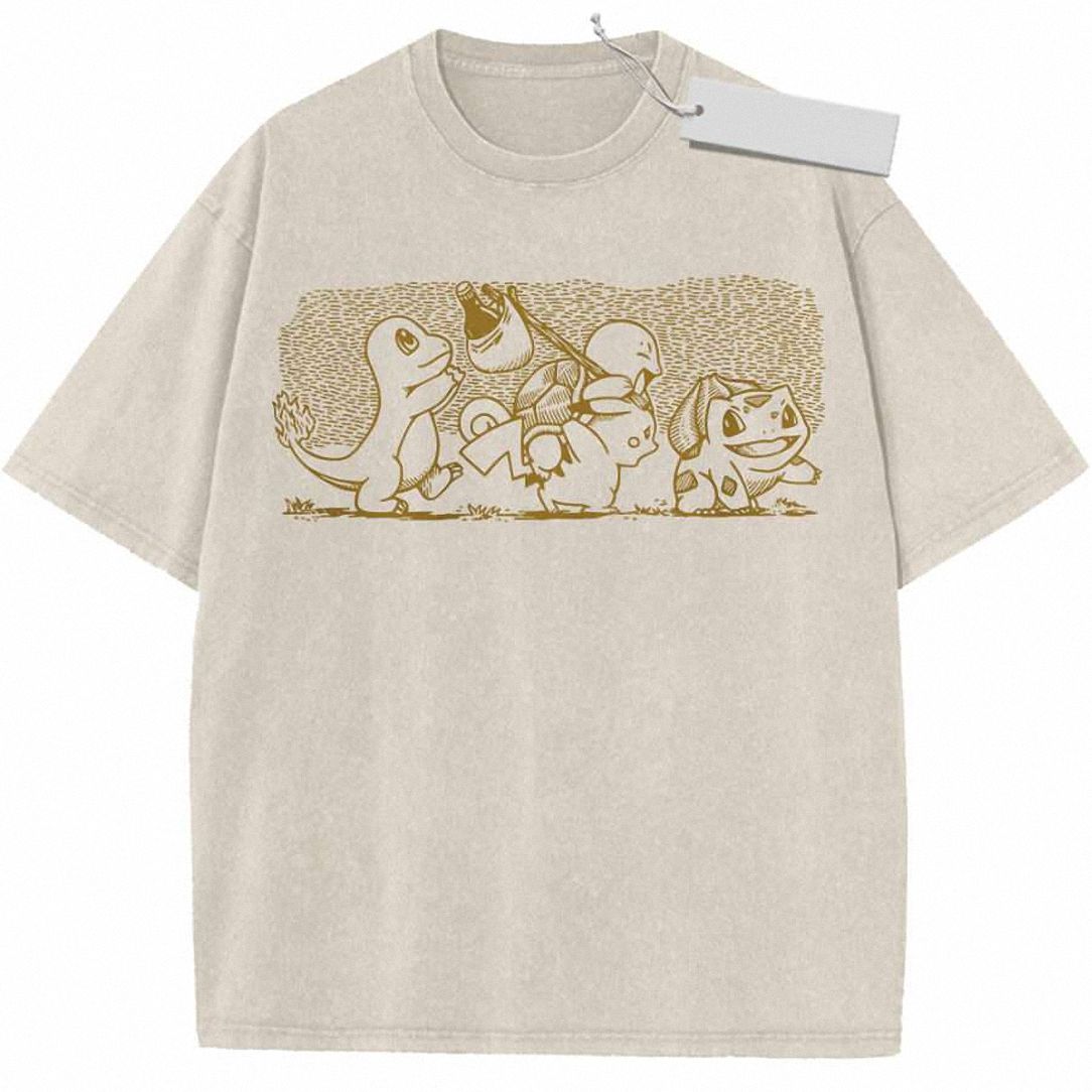 Retro Charmander, Squirtle, Pikachu, Bulbasaur Graphic T-Shirt Vintage Gaming Starter Squad Tee