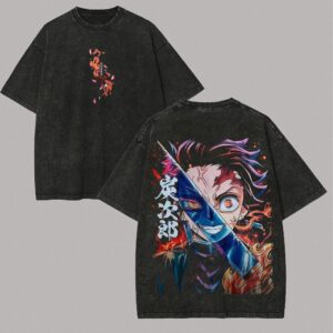 Tanjiro Kamado Anime Graphic Tee Vintage Acid Wash Streetwear T-Shirt For Fandom Gifts