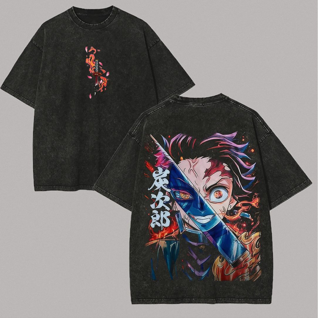 Tanjiro Kamado Anime Graphic Tee Vintage Acid Wash Streetwear T-Shirt For Fandom Gifts