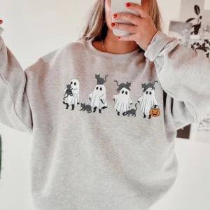 Cute Ghost And Black Cat Halloween Sweatshirt Cozy Spooky Season Fall Pullover