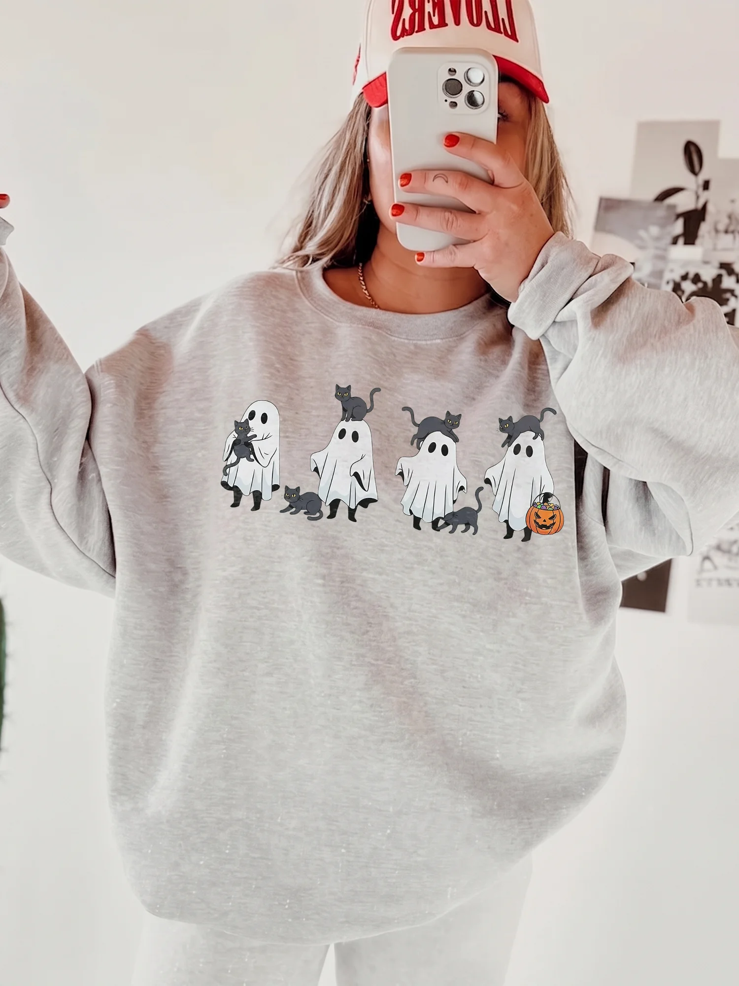 Cute Ghost And Black Cat Halloween Sweatshirt Cozy Spooky Season Fall Pullover