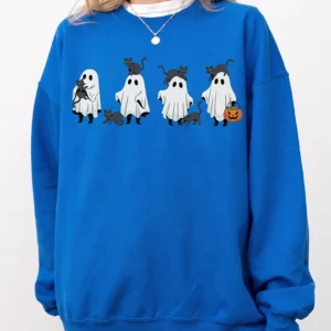 Cute Ghost And Black Cat Halloween Sweatshirt Cozy Spooky Season Fall Pullover