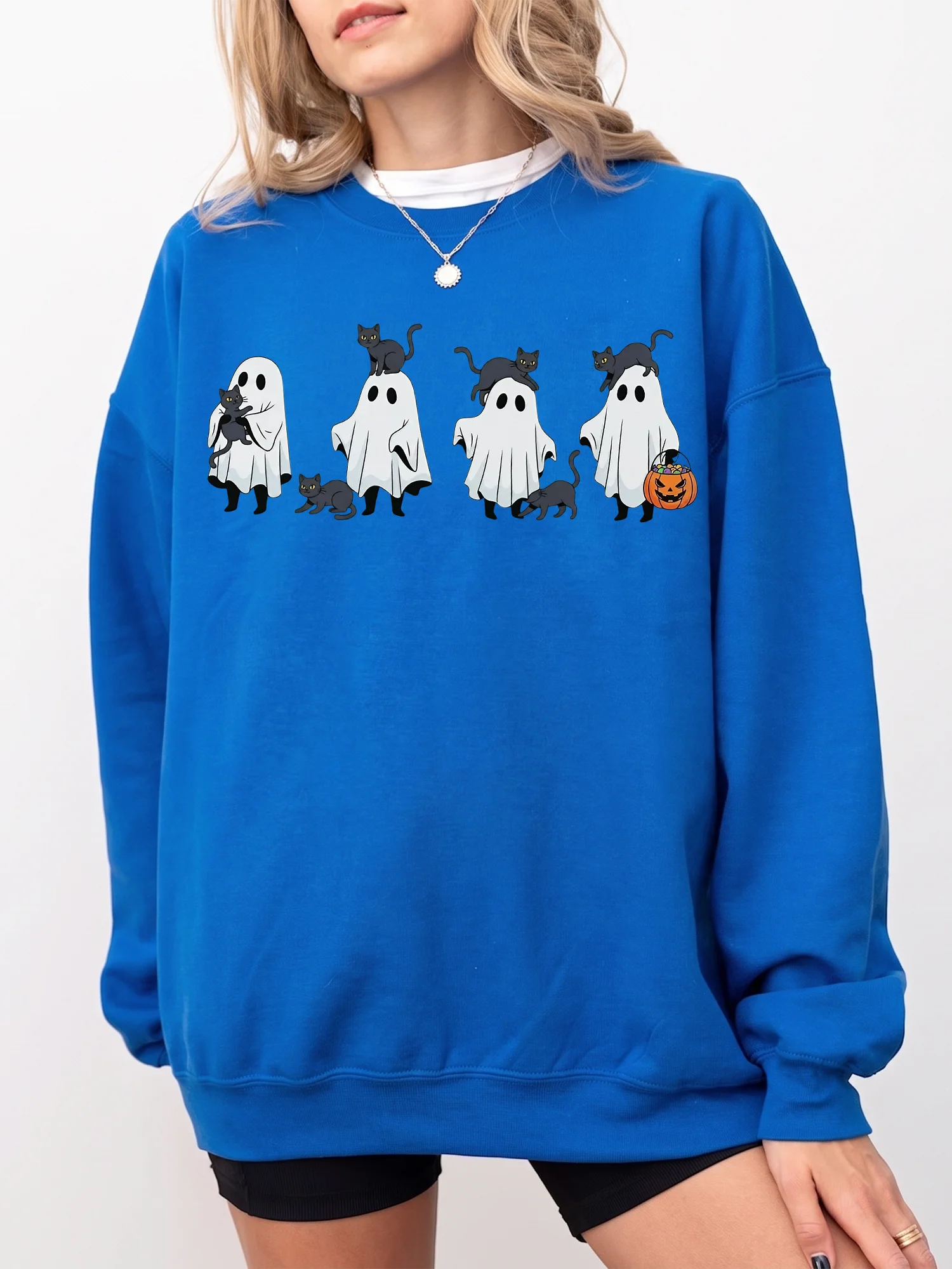 Cute Ghost And Black Cat Halloween Sweatshirt Cozy Spooky Season Fall Pullover