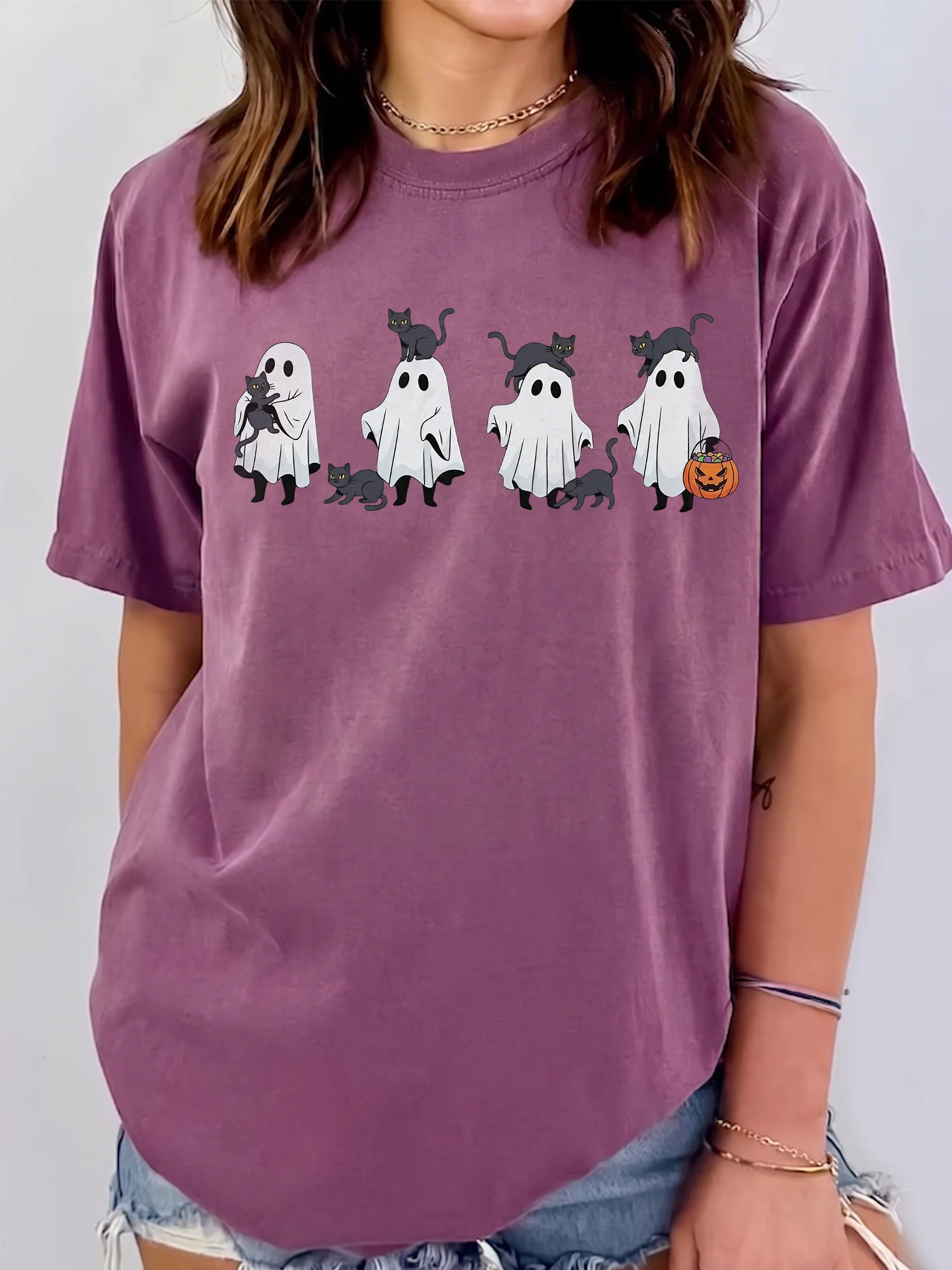 Cute Ghost And Black Cat Halloween Sweatshirt Cozy Spooky Season Fall Pullover