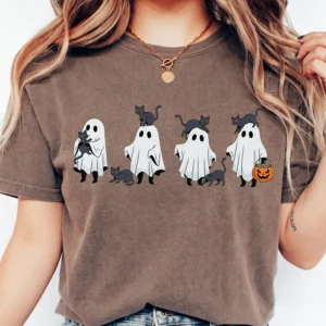 Cute Ghost And Black Cat Halloween Sweatshirt Cozy Spooky Season Fall Pullover