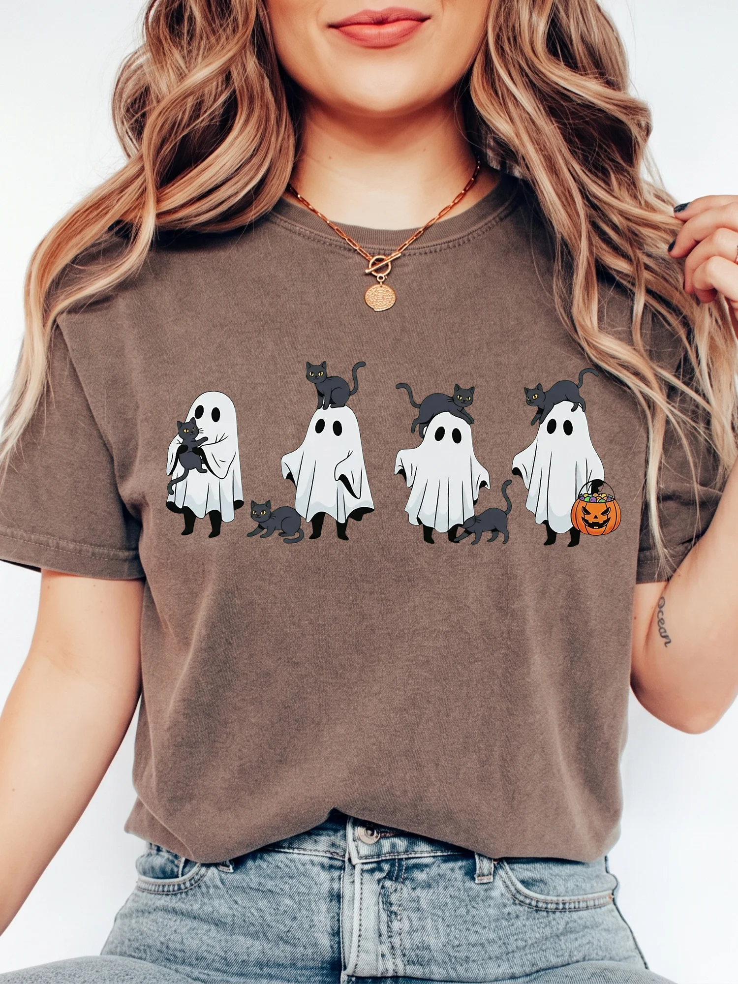 Cute Ghost And Black Cat Halloween Sweatshirt Cozy Spooky Season Fall Pullover