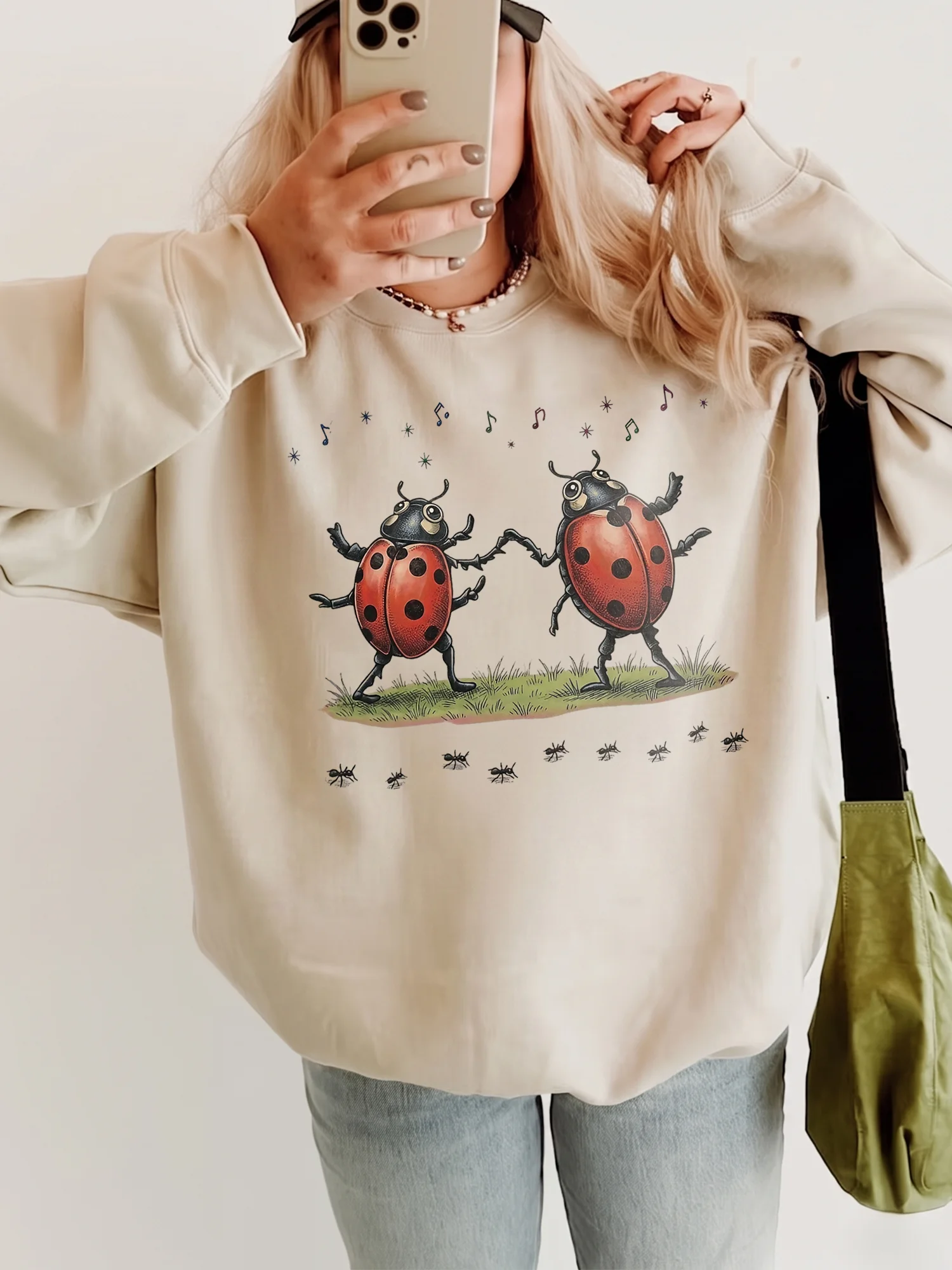 Dancing Ladybug Graphic Sweatshirt Cute Cottagecore Music Lover Gift Comfy Bug Crewneck