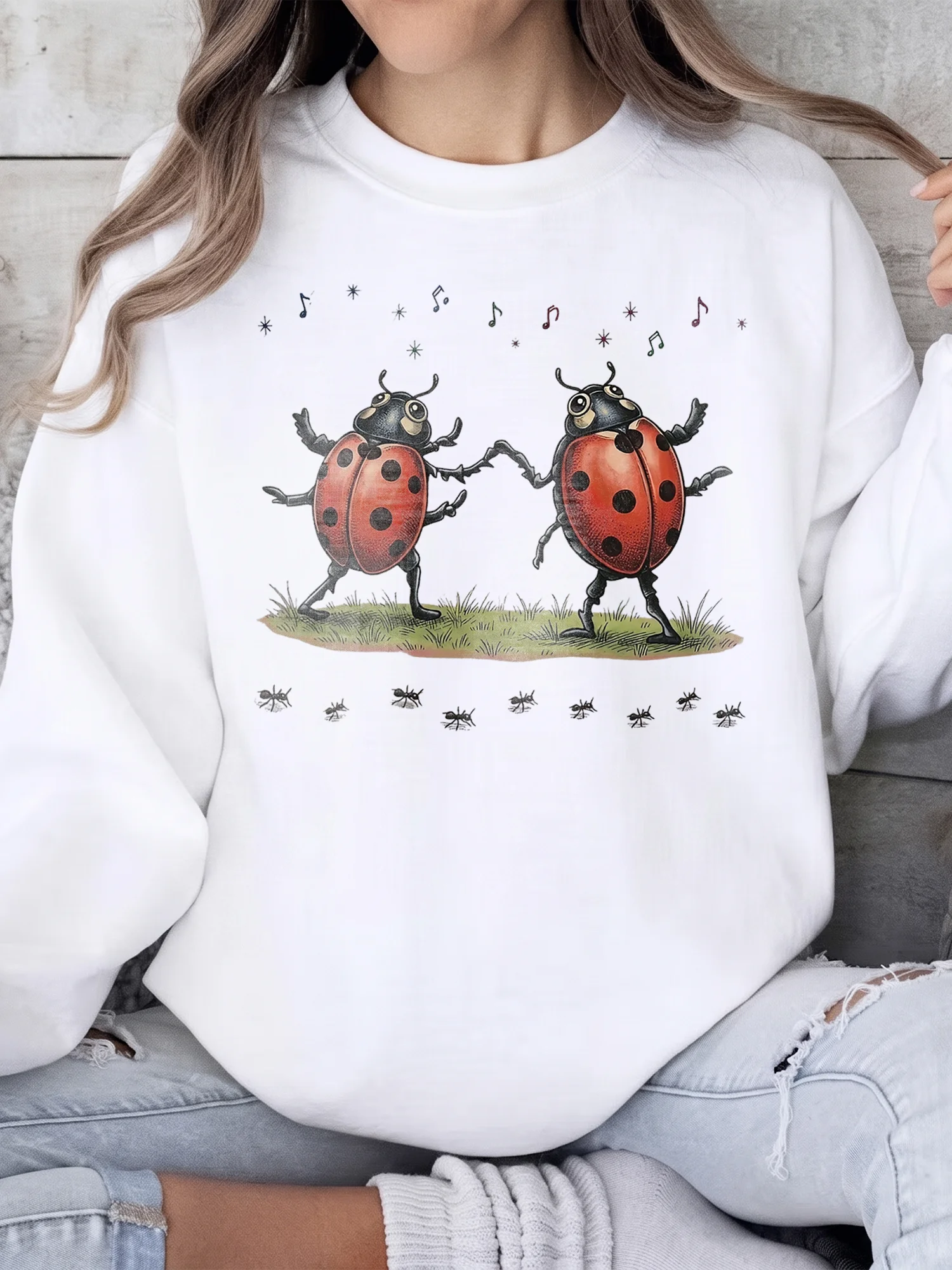 Dancing Ladybug Graphic Sweatshirt Cute Cottagecore Music Lover Gift Comfy Bug Crewneck