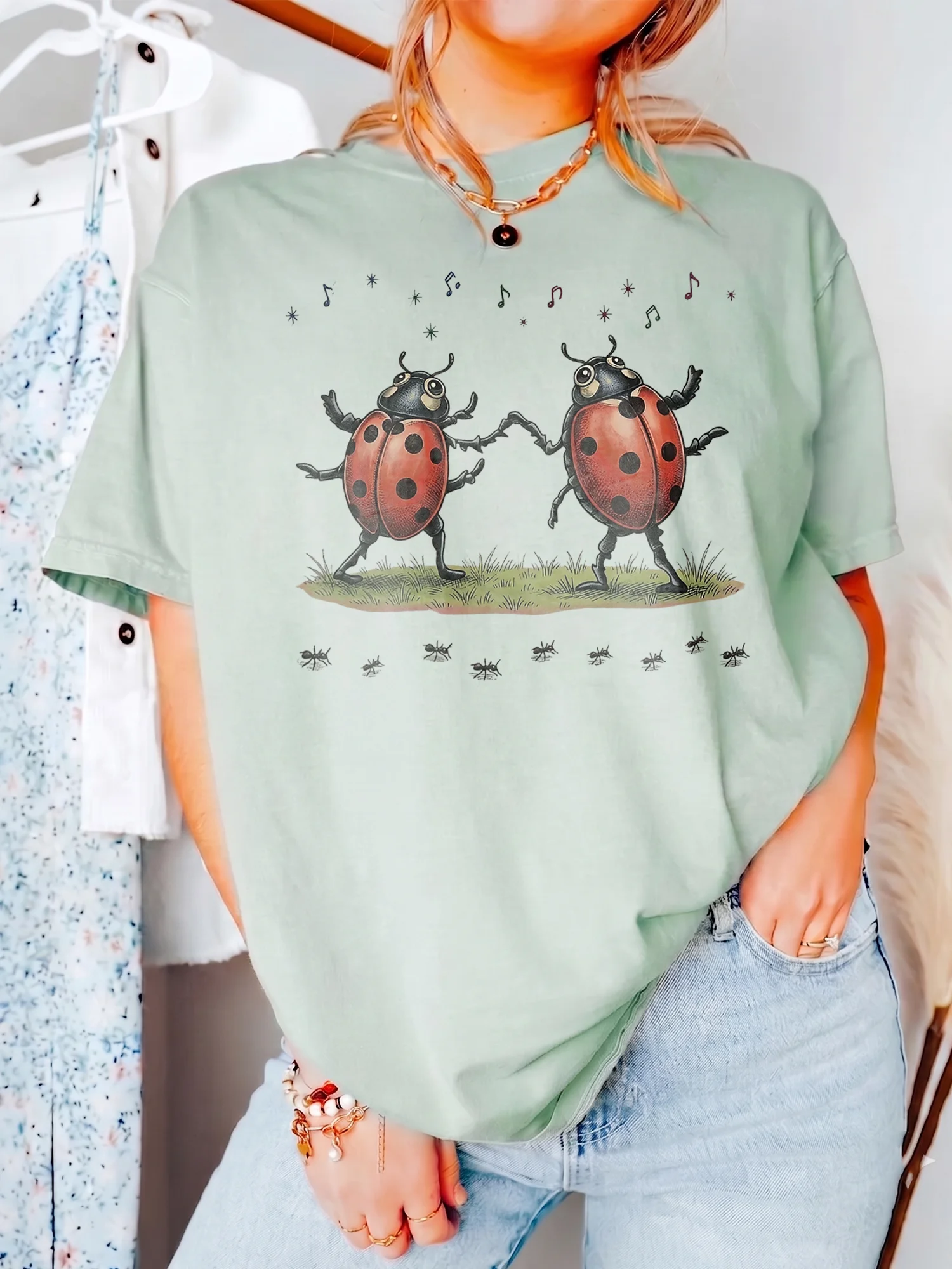 Dancing Ladybug Graphic Sweatshirt Cute Cottagecore Music Lover Gift Comfy Bug Crewneck